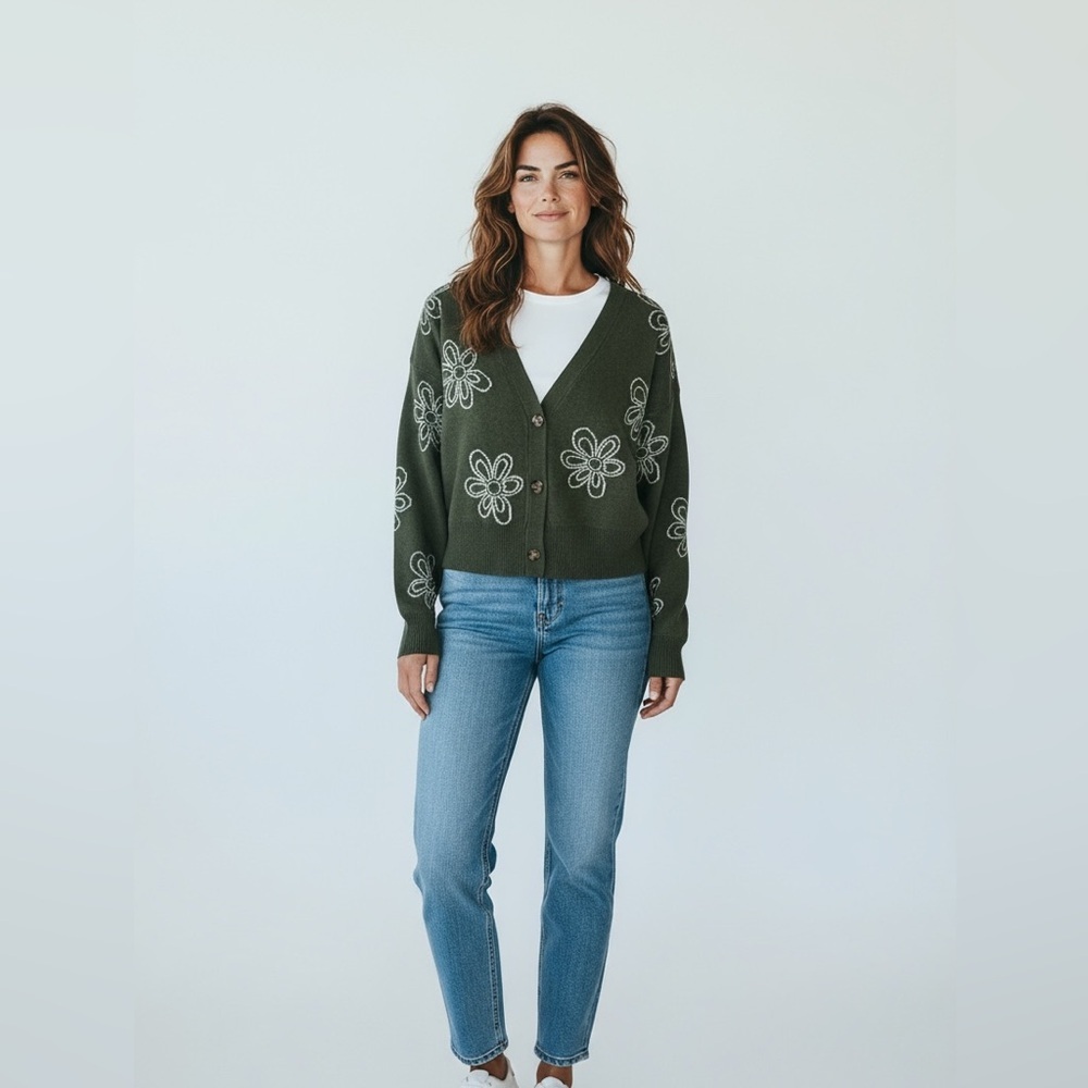 No Boundaries Olive Knit Sweater With Flower Details Size Medium